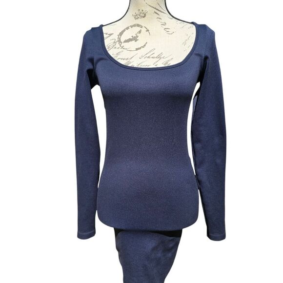 SUNDAY BEST -779 Aritzia Delta Sinch Seamless Long Sleeve Ribbed Dress Navy M - Picture 3 of 9